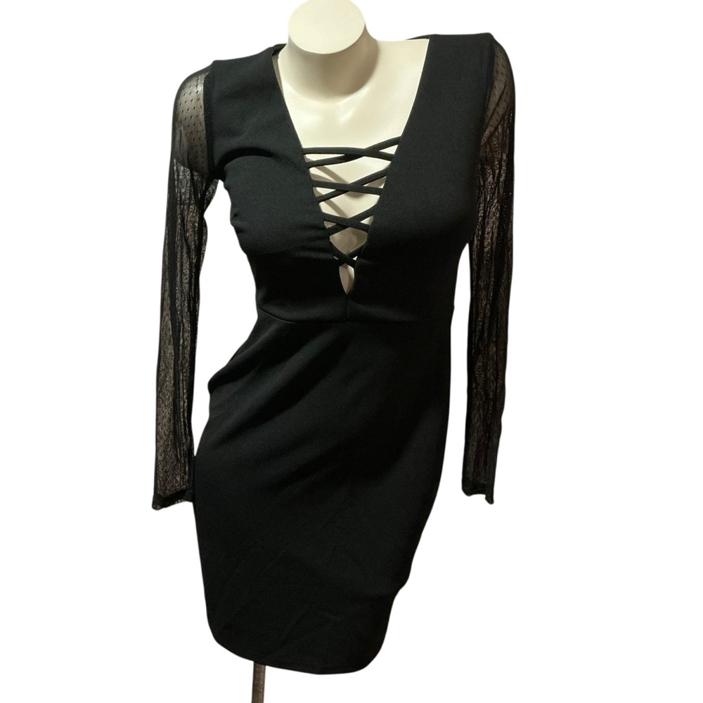 SEQUIN HEARTS Black Short Sexy Low Cleavage See-Thru Sleeves Evening Dress 7